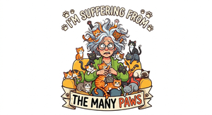 Cartoon character with cats and text 'I'm suffering from the many paws' on a white background