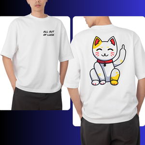 White t-shirt with a cartoon cat design of a chinese lucky cat on the back, worn by a person.