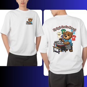 White t-shirt with a teddy bear graphic on the front and back, featuring 'Big Ogie Creative Network'.