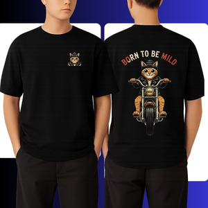 Black t-shirt with a cat riding a motorcycle graphic on the front and 'Born to be Mild' text on the back, worn by a person.