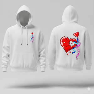White hoodie with a broken red heart and colorful design on a gray background