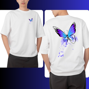 White t-shirt with a blue butterfly design supporting fibromyalgia, on the front and back worn by a person.
