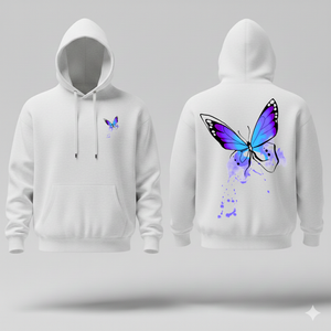 White hoodie with butterfly design on front and back on a gray background