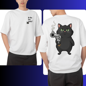 White t-shirt with a black cat holding a gun graphic on the back, worn by a person.
