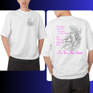 White t-shirt with warrior design and text on front and back, worn by a person.