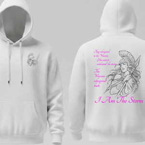 White hoodie with warrior design and text on front and back against a gray background