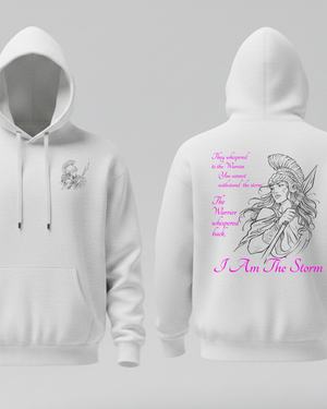 White hoodie with warrior design and text on front and back against a gray background