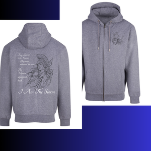 Gray hoodie with front and back female warrior designs on a white background
