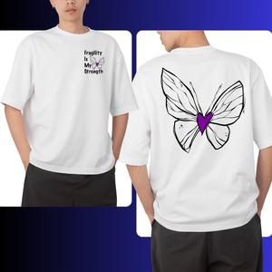 White t-shirt with butterfly design and text on front and back worn by a person.