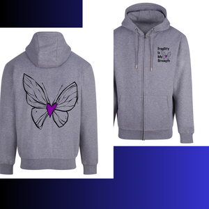 Gray hoodie with butterfly design on back and text on front, displayed from front and back views.