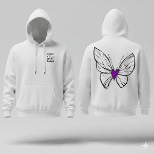 White hoodie with butterfly design on front and text on back against a gray background