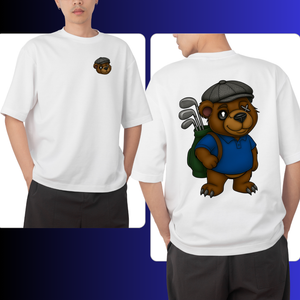 White t-shirt with a cartoon bear playing golf design on the front and back, worn by a person.