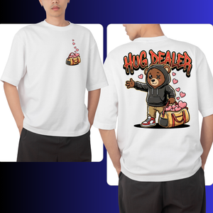 White t-shirt with a bear graphic on the front and 'Hug Dealer' text on the back, worn by a person.