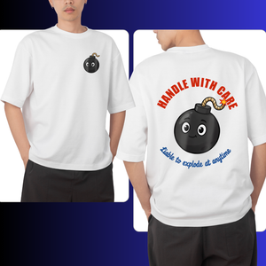 White t-shirt with a cartoon bomb design on the front and back, featuring text handle with care.