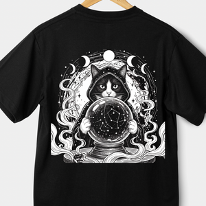 Black t-shirt with a cat holding a crystal ball design on a white background
