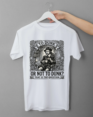 White t-shirt with black graphic and text on a gray background