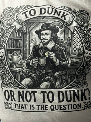 Decorative graphic with a person sitting at a table, surrounded by text 'TO DUNK? OR NOT TO DUNK? THAT IS THE QUESTION.'