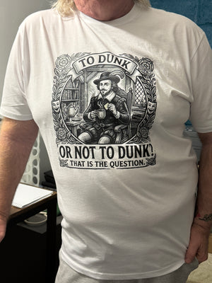 White t-shirt with black graphic design and text worn by a person.