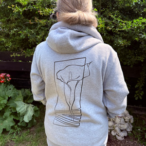 grey hoodie with lily flower tattoo style line drawing back print