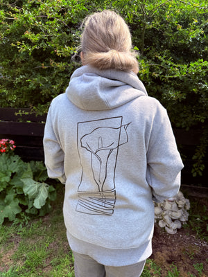 grey hoodie with lily flower tattoo style line drawing back print