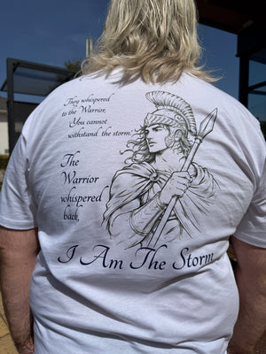 Person wearing a white t-shirt with a graphic design and text on the back.