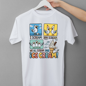 white tshirt with cartoon seagulls and the quote i scream, you scream, we all scream for ice cream