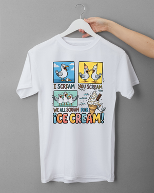 white tshirt with cartoon seagulls and the quote i scream, you scream, we all scream for ice cream