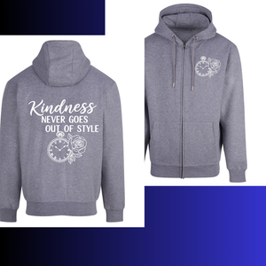 Gray hoodie with 'Kindness never goes out of style' text and clock design on front, floral design on back.