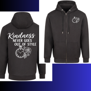 Black hoodie with 'Kindness Never Goes Out of Style' text and clock design on the back, worn by a person.