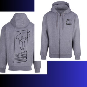 Gray hoodie with front and back designs with a tattoo style lily on a white background