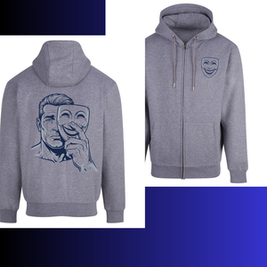 Gray hoodie with a graphic design of a man and a mask on the front and back, displayed on a white background.