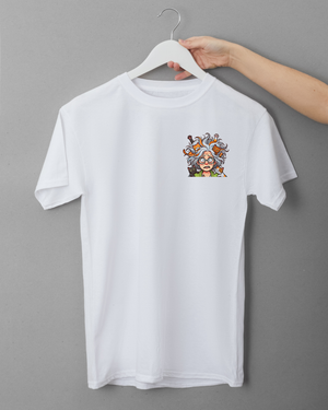 White t-shirt with a graphic design on a hanger against a gray background