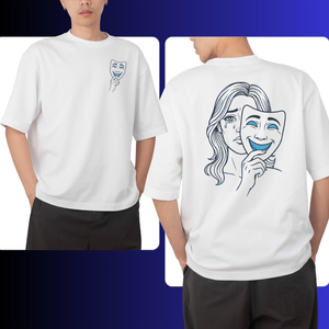 White t-shirt with a graphic design of a woman holding a mask on the front and back, worn by a person.