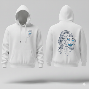 White hoodie with face and mask design on front and back on a gray background