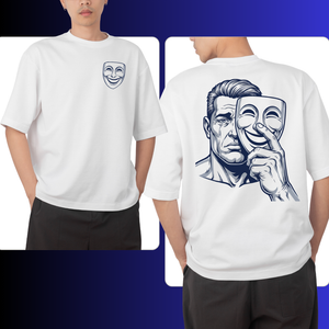 White t-shirt with a graphic design of a man and a mask on the front and back, worn by a person.
