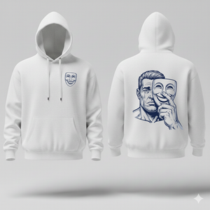 White hoodie with face mask design on front and back on a gray background