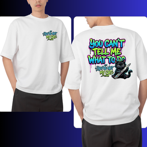 White t-shirt with colorful cartoon cat graphics saying you can't tell me what to do, you're not my cat on front and back, worn by a person.