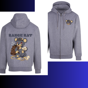 Gray hoodie with cartoon character and 'Range Rat' text on a white background