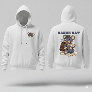White hoodie with a bear graphic on the front and 'Range Rat' text on the back, displayed on a gray background.