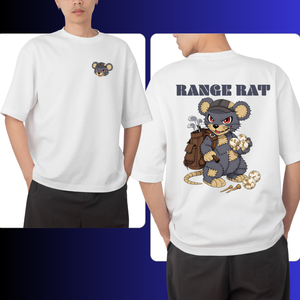 White t-shirt with a cartoon range rat, golf design on the front and back, worn by a person.