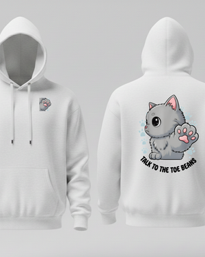 white hoodie with a great cat design