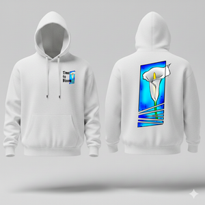 White hoodie with front and back designs of a coloured lily and the words time to bloom, on a gray background