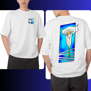 White t-shirt with a calla lily design on the back, worn by a person.