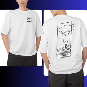 White t-shirt with black graphics of a calla lily on front and back worn by a person