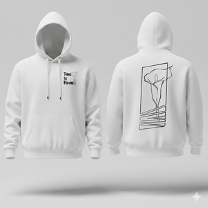 White hoodie with front and back designs of a lily tattoo and the words time to bloom, on a gray background