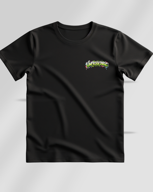 Black t-shirt with a colorful logo on a light gray background