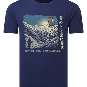 Navy blue t-shirt with a graphic design and text on a white background