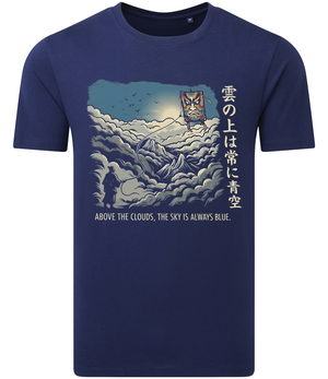 Navy blue t-shirt with a graphic design and text on a white background