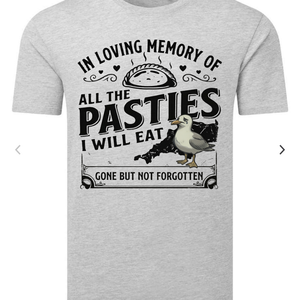 Gray t-shirt with a humorous design about pasties on a white background