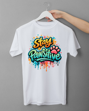 White t-shirt with 'Stay Pawsitive' design on a hanger against a gray background